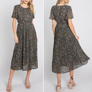 Baltic Born Belfast Dress Size Large Rich Green Floral Chiffon Pleated Midi